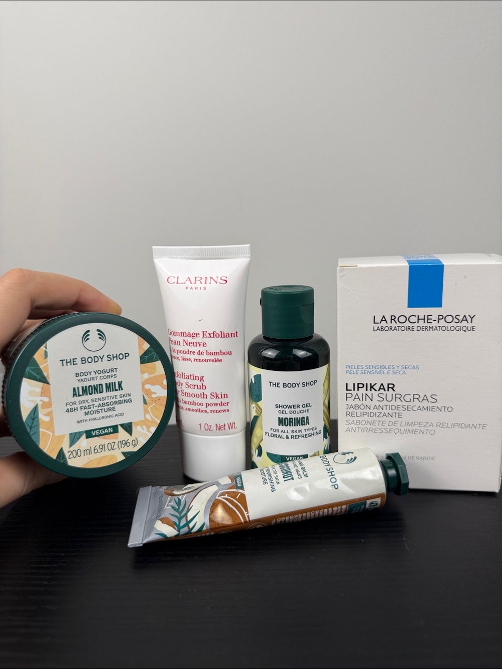 The Body Shop Almond Milk Set and Clarins Scrub with La Roche-Posay Gift